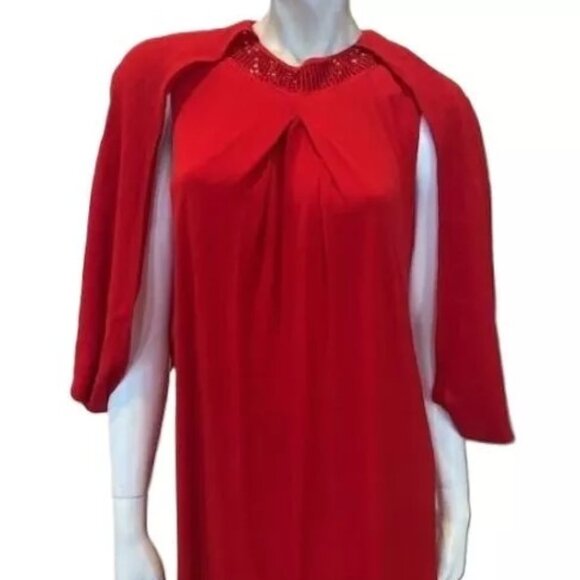 Badgley Mischka Red Dress Jewel Neck w/Matching Chiffon Cape Dress SMALL & 2X - Picture 3 of 8